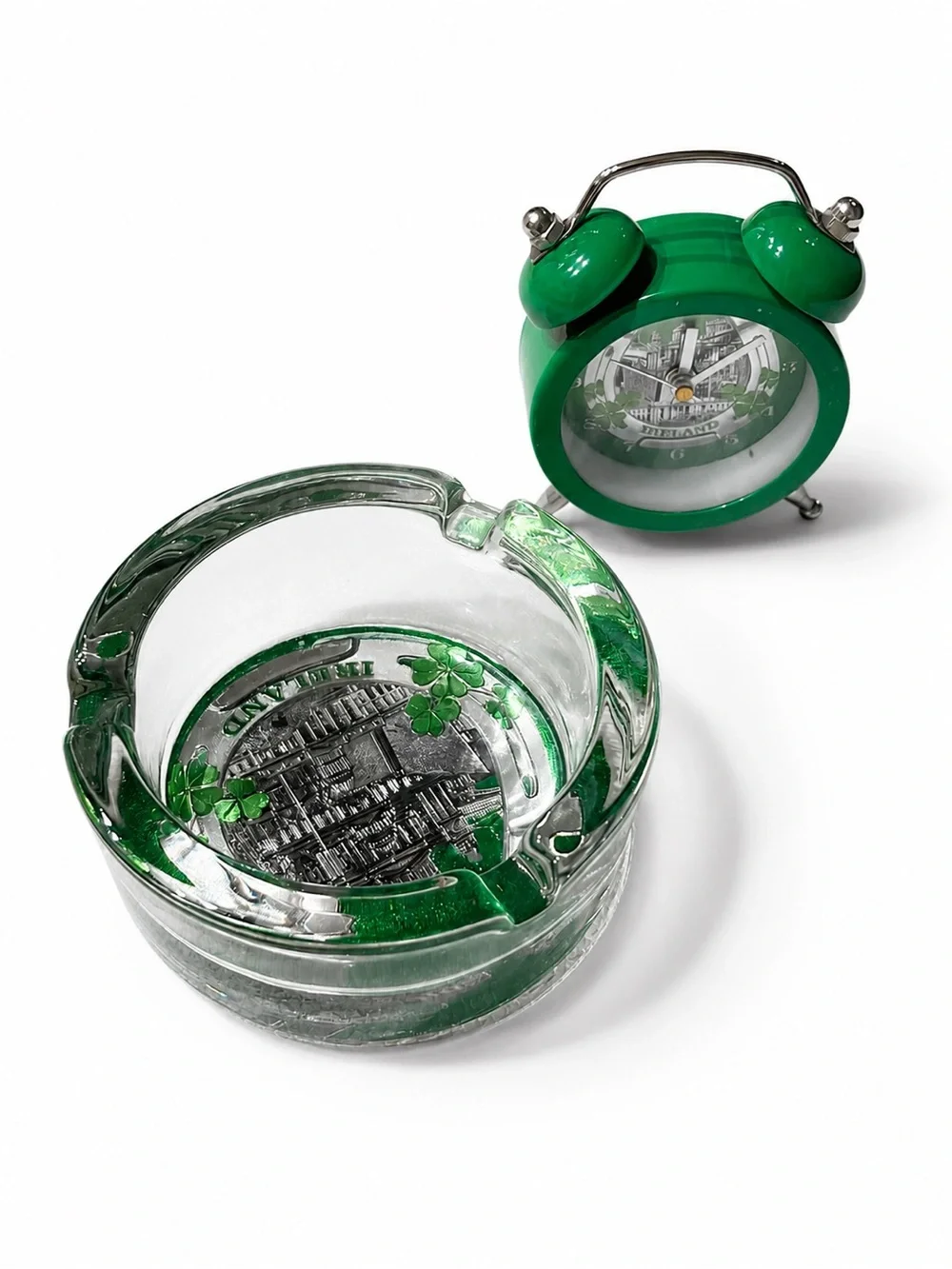 Ireland Collectible Souvenir Set – Shamrock Alarm Clock & Glass Ashtray